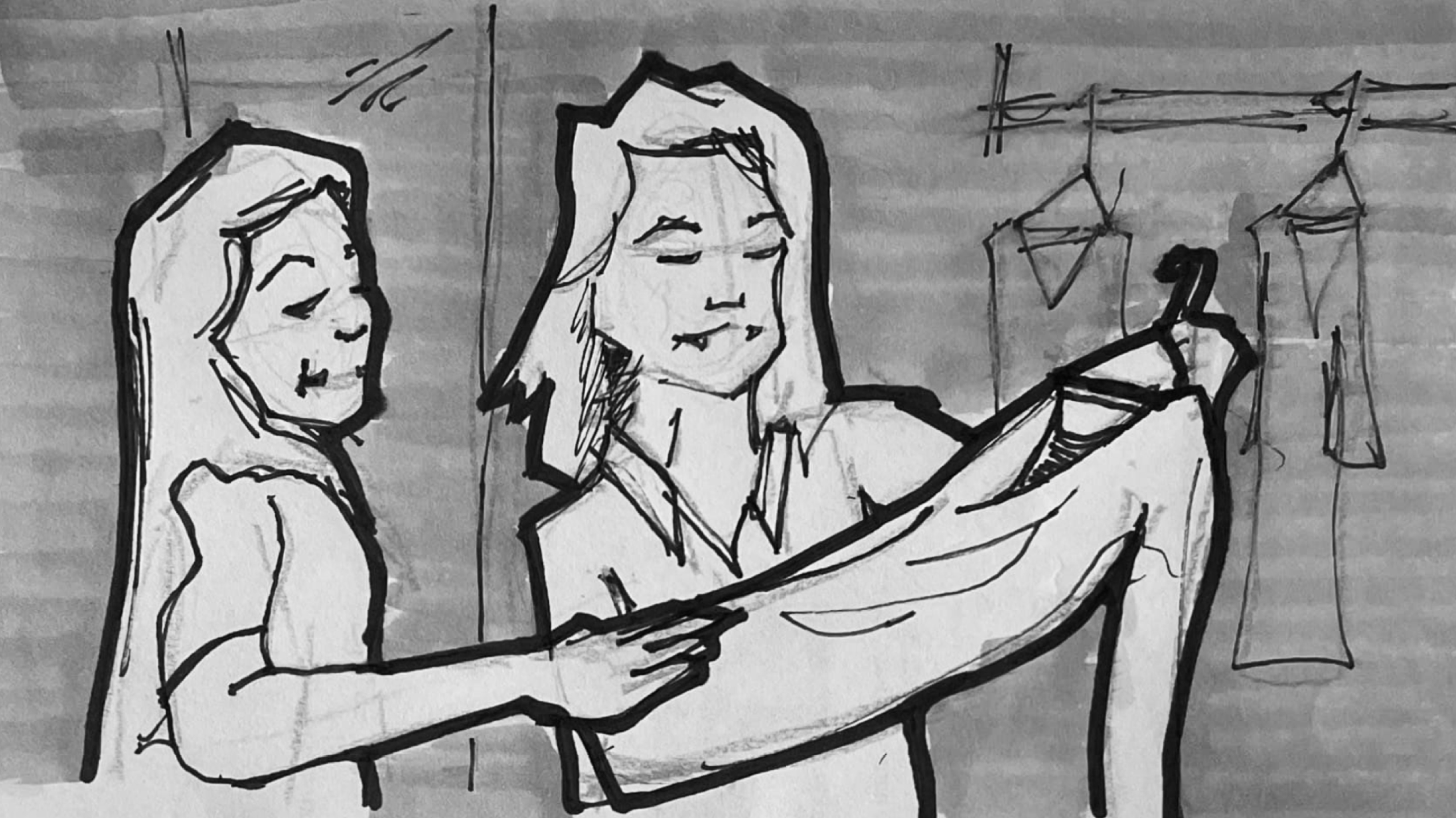 Storyboard sketch of Danielle with clothes