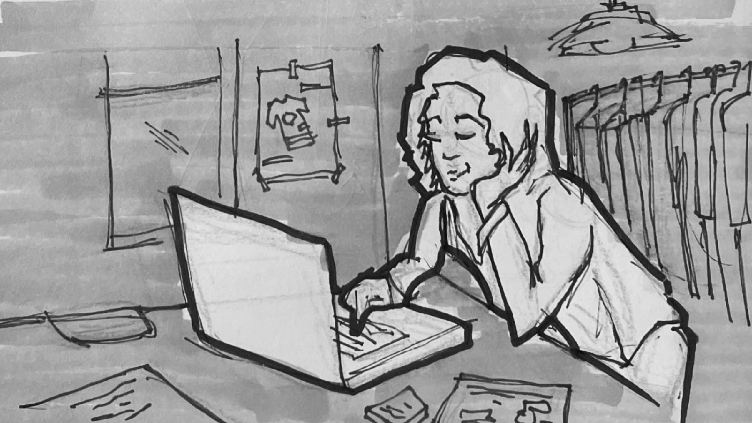 Storyboard sketch of Danielle at a laptop
