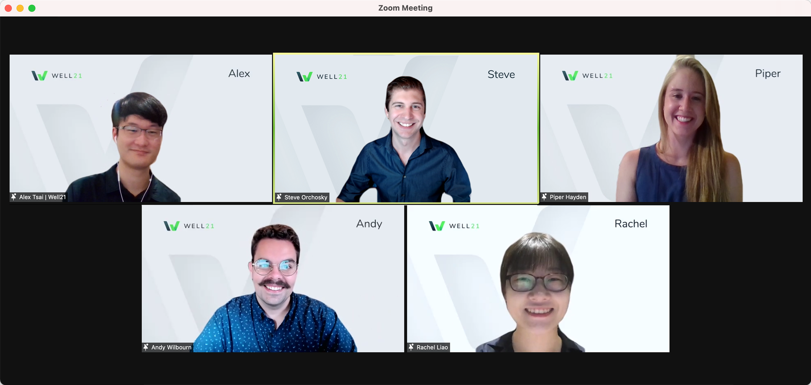 Five smiling Well21 team members on a Zoom call on presentation day