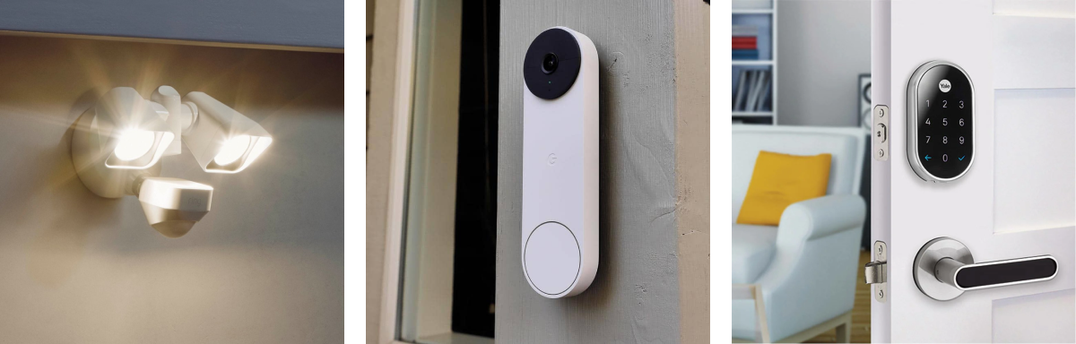 Collage of smart home camera, doorbell, and lock