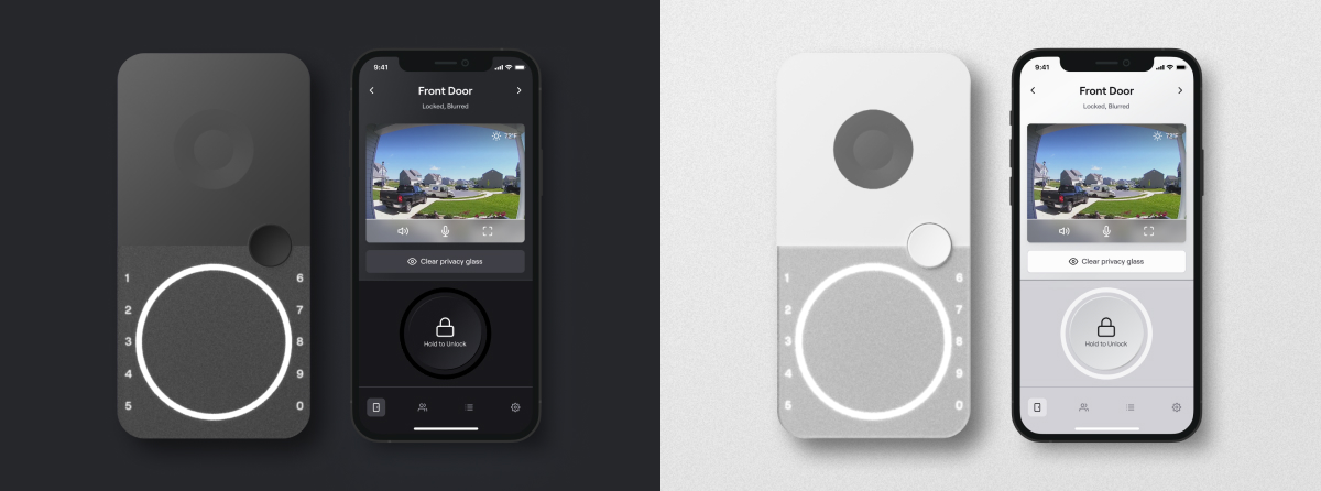 Side-by-side of light and dark modes next to door controllers